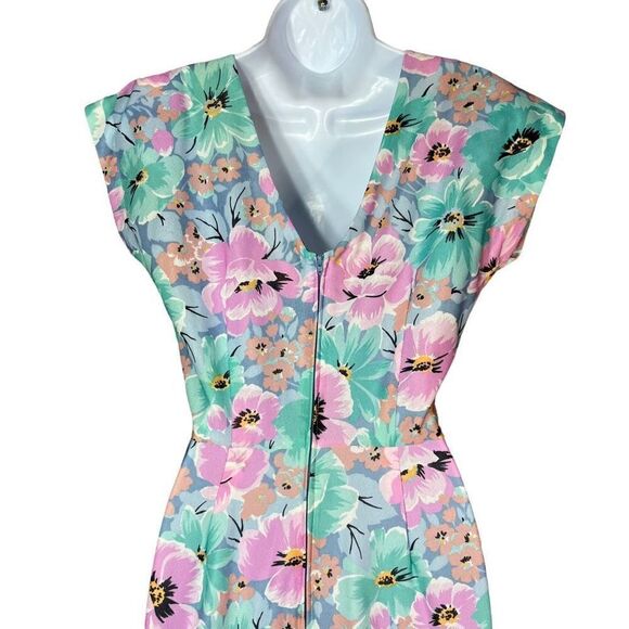 Vintage Avon Teal Pink Floral V Back Midi Dress With Mermaid Ruffle Bottom Hem - Picture 7 of 10